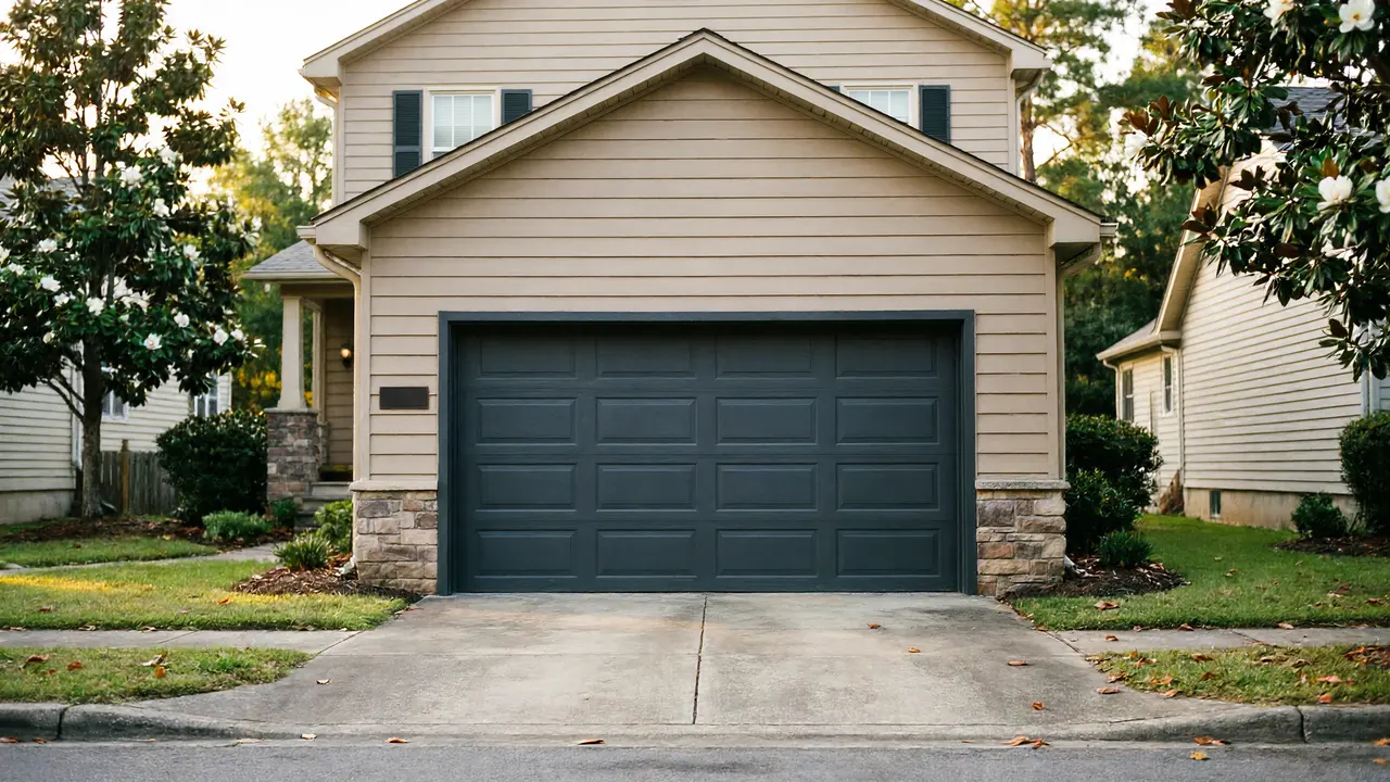 A beige house has a dark gray garage door with rectangular panels.
