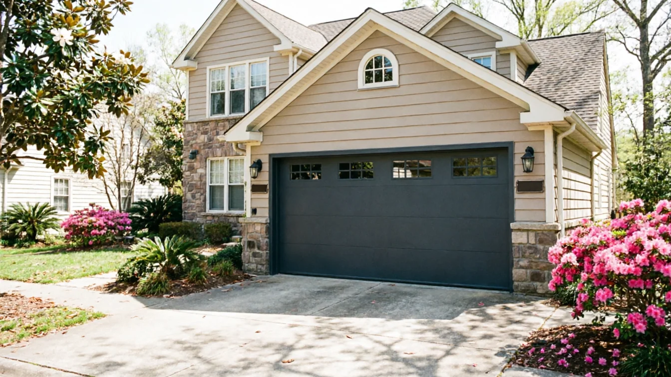 The house has a dark gray garage door with windows, tan siding, and stone accents.