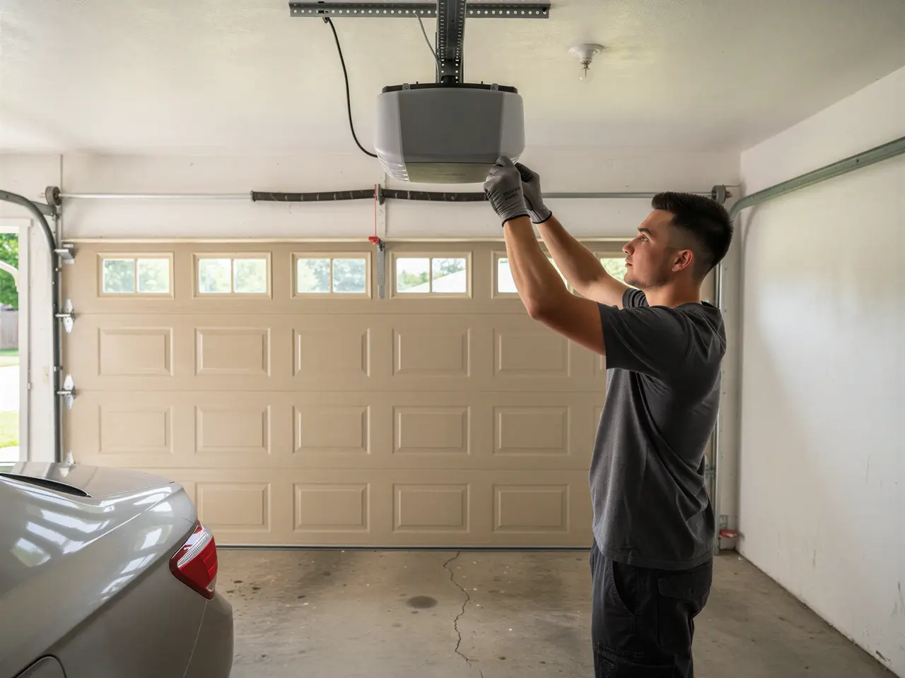 A technician in gray gloves adjusts a garage door opener in a garage.
